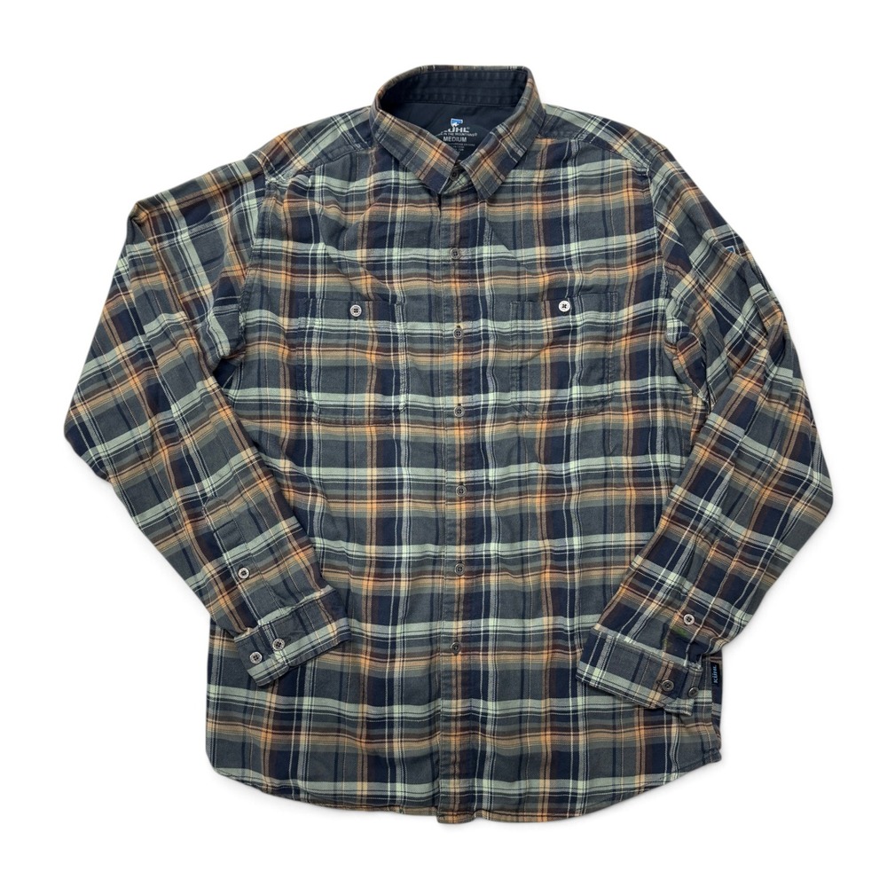 Kuhl Fugitive Flannel Button Up Shirt Mens Medium Plaid Long Sleeve Navy Sage